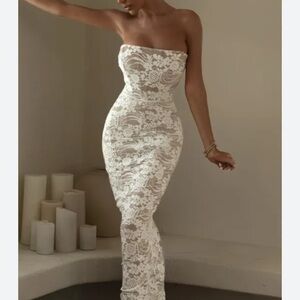 JLUXLABEL UNDER THE STARS Elegant White Lace Strapless Dress